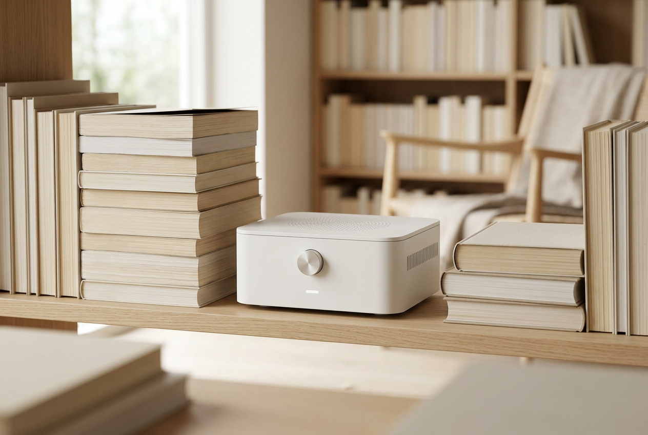 Haven device among a stack of books and reading on a warm wood surface